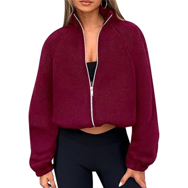 Chaquetas de Invierno para Mujer, de Forro , Larga, con Cremallera, , Cálidas, Estilo Otoño, para Hacer Ejercicio Rojo Vino L