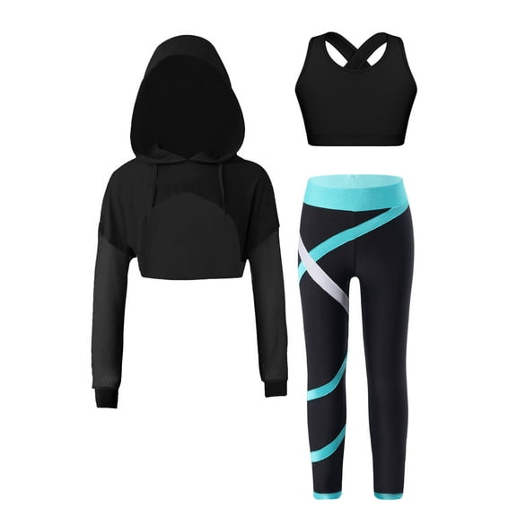 Oyolan Kids 3 Piece Gymnastics Outfit Tracksuit Girls Crop Hoodie Sweatshirt and Yoga Leggings Set Blue Green 12