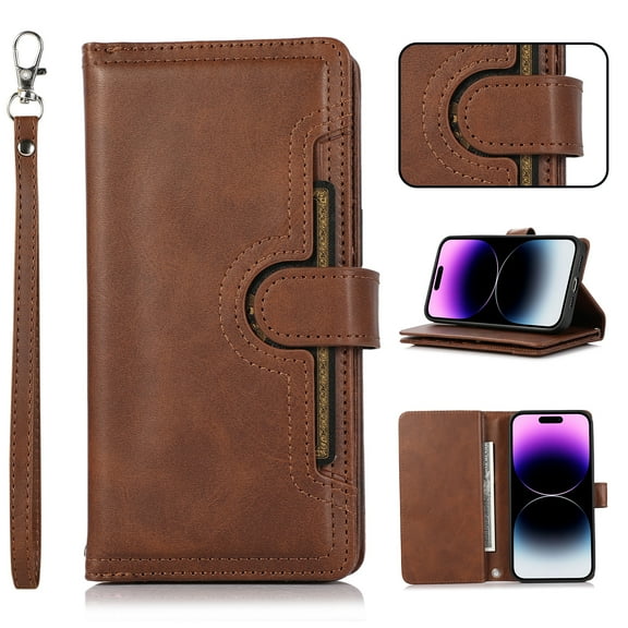 Designed For Samsung Galaxy S21 Wallet Case RFID Blocking 8 Card Slots Holder & 1 Cash Pocket & 1 Outer Pouch,Wrist Strap,Shockproof Leather Magnetic Flip Stand Cover,Coffee