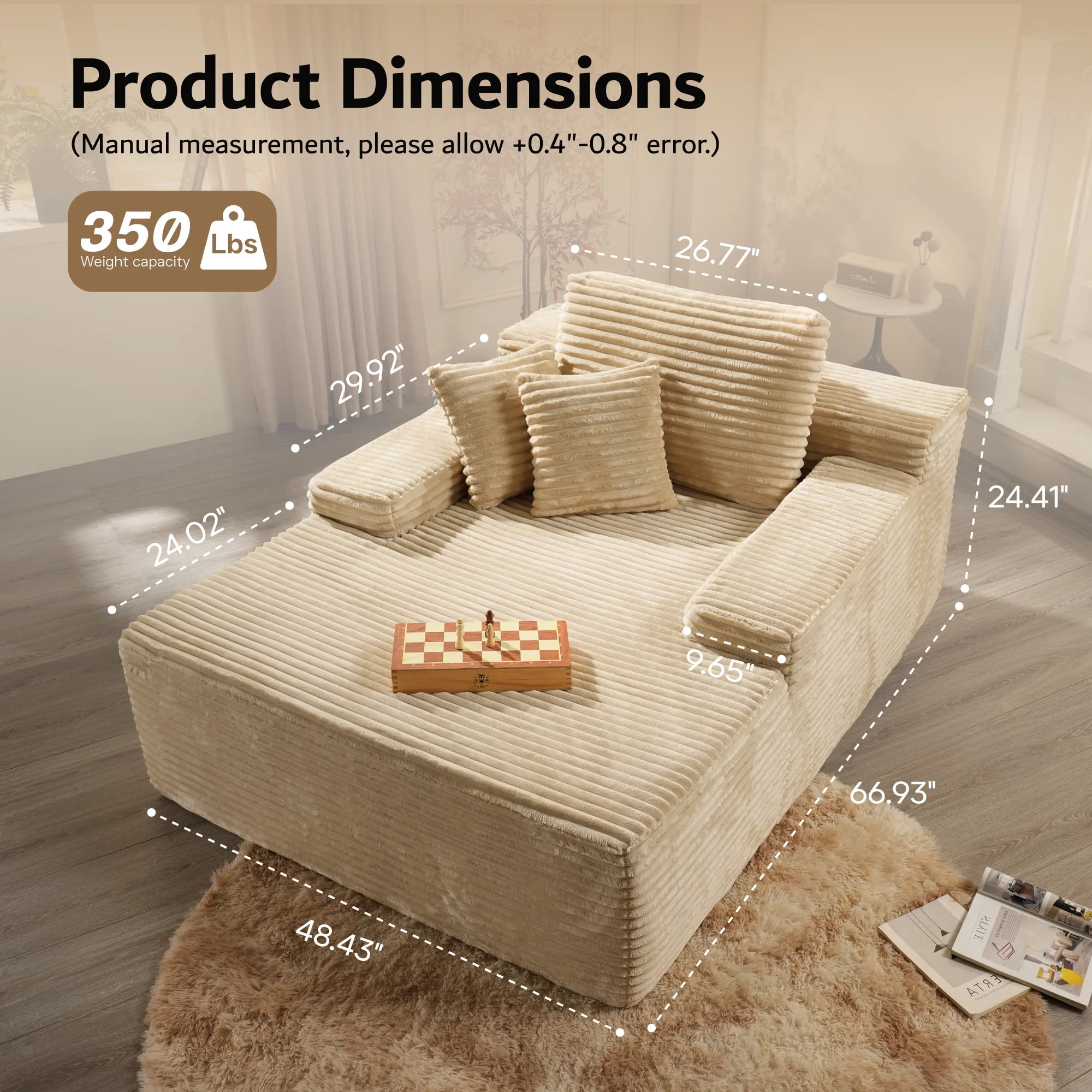 Vcatnet 67"x48" Chaise Lounge Chair Indoor Oversized Lounge Couch Upholstered Corduroy Sofa Bed for Living Room and Bedroom, Beige