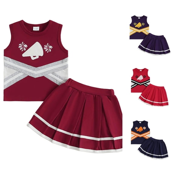 lnmuld Cheerleading 2 Piece Outfit Sleeveless Patch Top Striped Pleated Skirt for Performance Party,2-3 Years