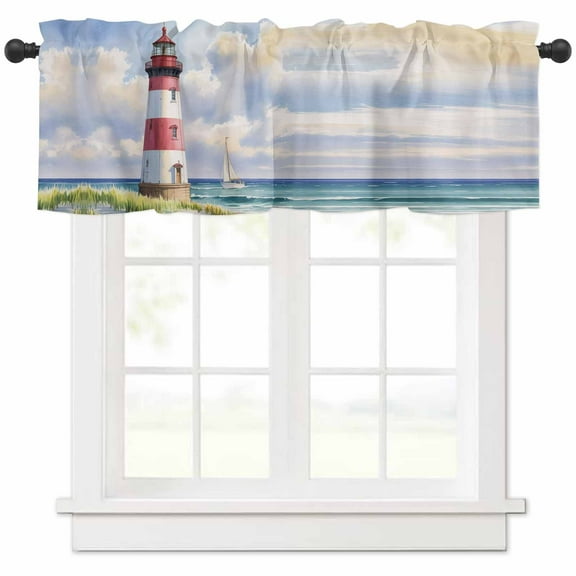 Beach Lighthouse Valances for Windows Farmhouse Kitchen Curtains Valances Rod Pocket Valance Curtains for Kitchen Windows Coastal Ocean Ship Sky Oil Painting Window Valances for Bathroom 54"x18"