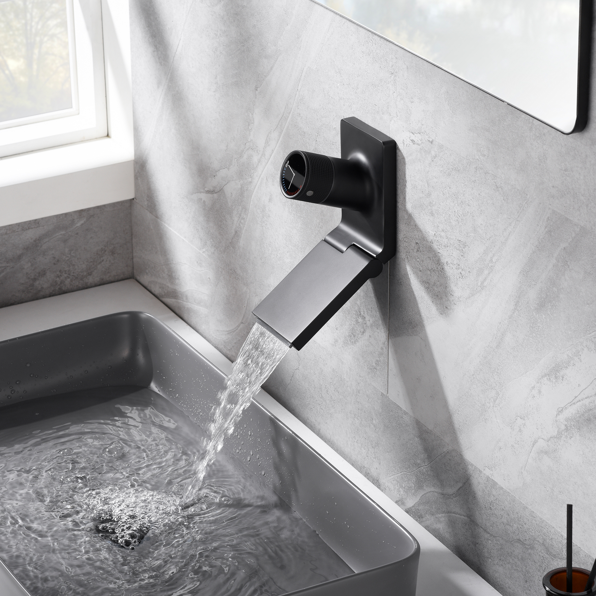 SUMERAIN Wall Mount Waterfall Bathroom Sink Faucet, Single Handle One Hole Vanity Faucet with Foldable Spout, Matte Black