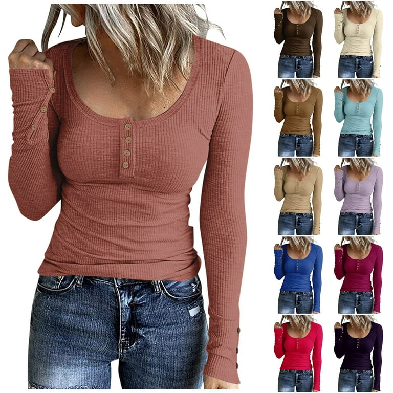 TQWQT Women's Long Sleeve Tops Slim Fit Button Down Ribbed Knit Henley T  Shirts Blouse Hot Pink S 