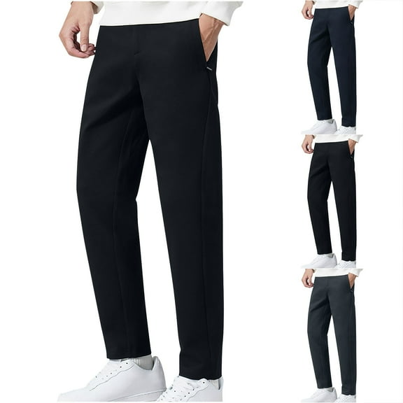 Brondbend Casual Pants Mens Straight Fit Pants Elastic Waist Front Flat Pocket Trousers Breathable Comfortable Regular Fit Trousers Club Fall Winter Pants Black