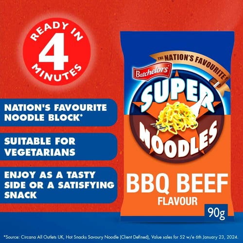 Batchelors Super Noodles BBQ Beef Instant Packet Noodles 90g, British Import (Pack of 2)