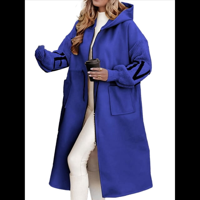 Chaqueta Cortavientos de Punto con Capucha y Larga para Mujer, de Gran Tamaño, Informal, con Cordón Ajustable en la Cintura y Cremallera. Azul S