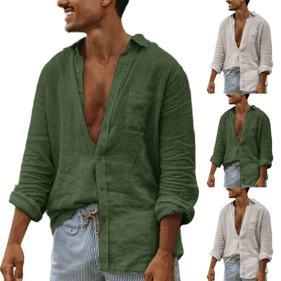 DDAPJ pyju Cotton Linen Shirt for Men Long Sleeve Solid Casual Button Down Shirts Lightweight Spread Collar Beach Vacation Tops Green L