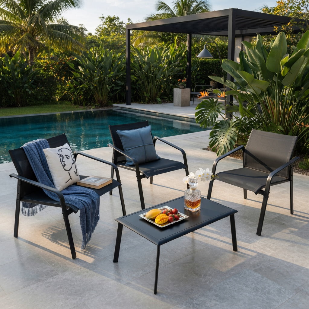 Hommoo 4-Piece Modern Patio Furniture Set, Steel Frame Outdoor Loveseat, 2 Armchairs + Tempered Glass Table, Weather-Resistant, Easy Assembly, Black