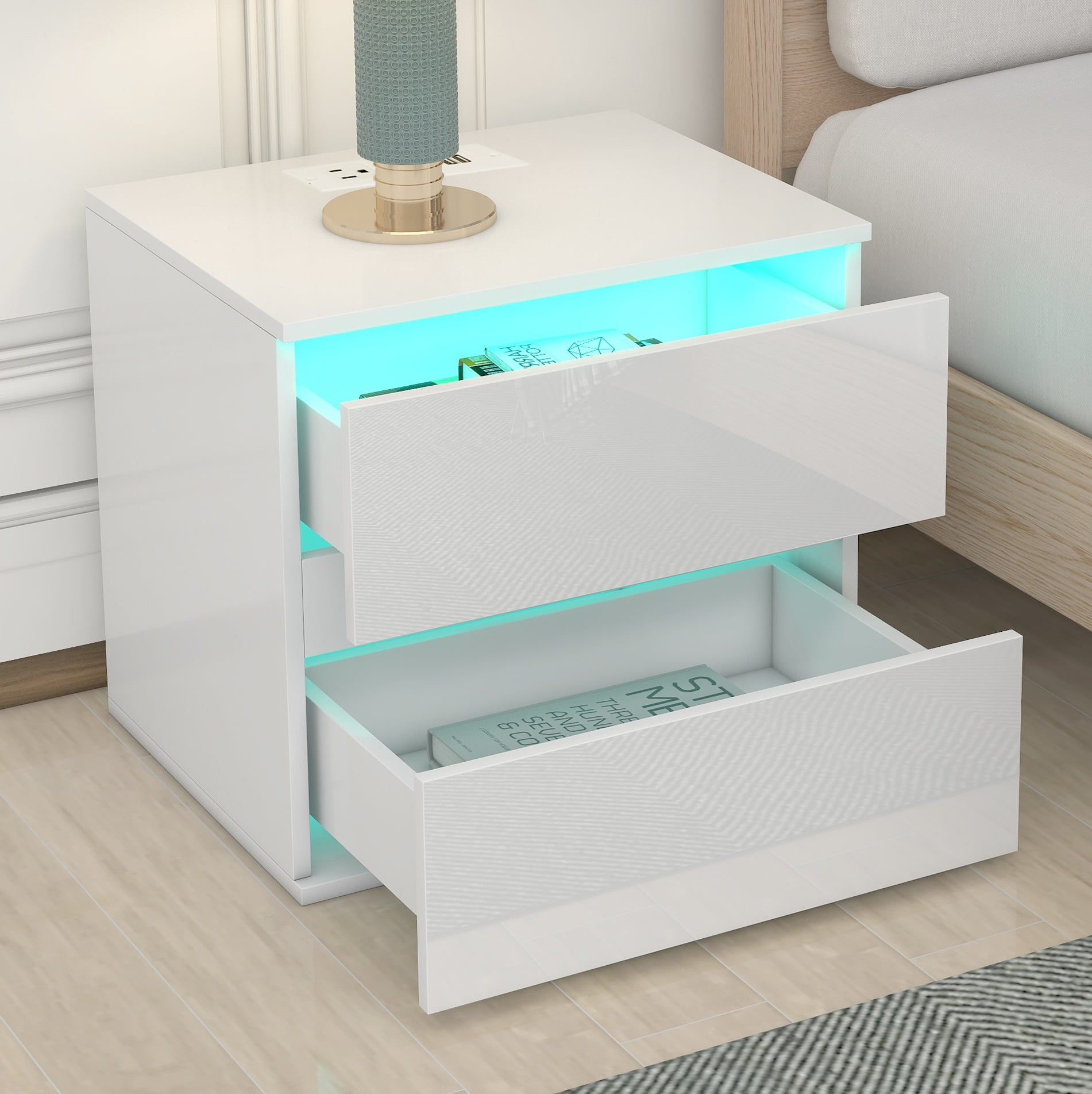 White Nightstand for Bedroom, Night Stand with USB Charging Port and