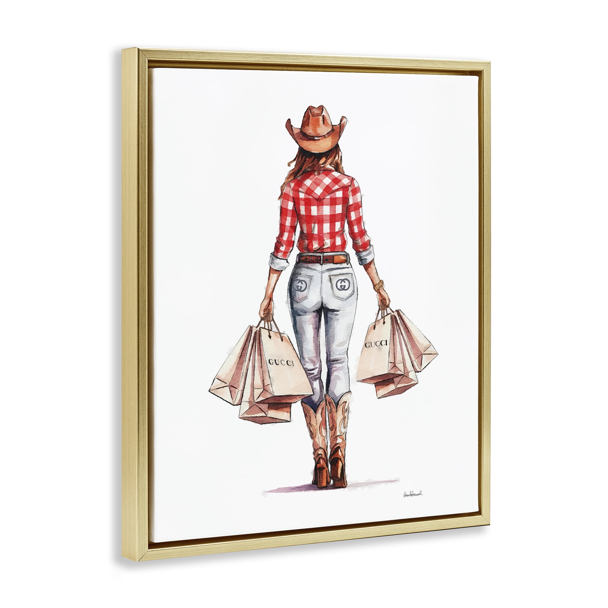 Stupell Industries Country Cowgirl Shopping People Painting Gold Floater Framed Canvas Art Print Wall Art, 17 x 21