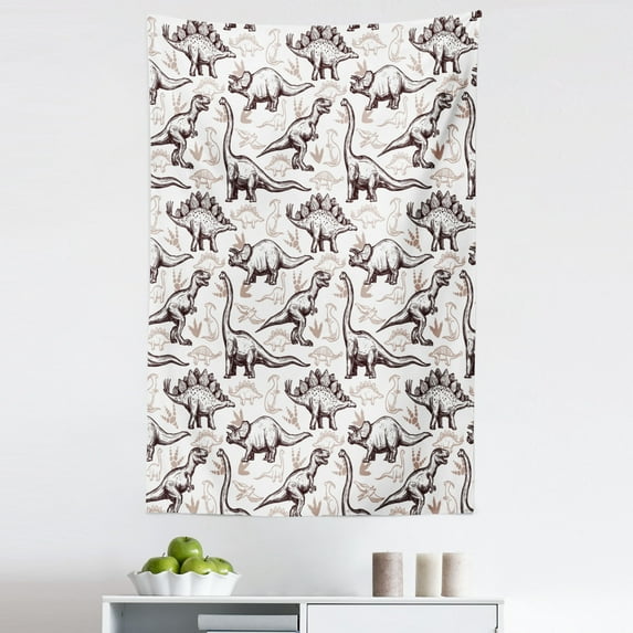 Dinosaur Tapestry, Magnificent Reptiles with Footprints Doodle Art Animals Abstract Pattern, Fabric Wall Hanging Decor for Bedroom Living Room Dorm, 5 Sizes, Brown White, by Ambesonne