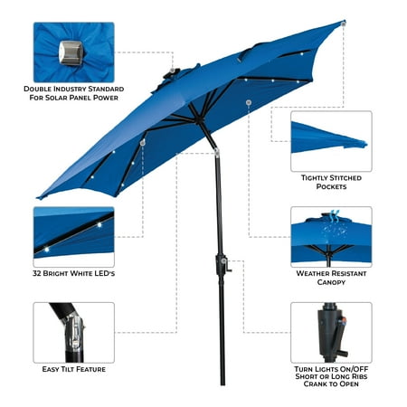 Sun Ray - 9'x7' Rectangular Solar Lighted Umbrella - Royal Blue