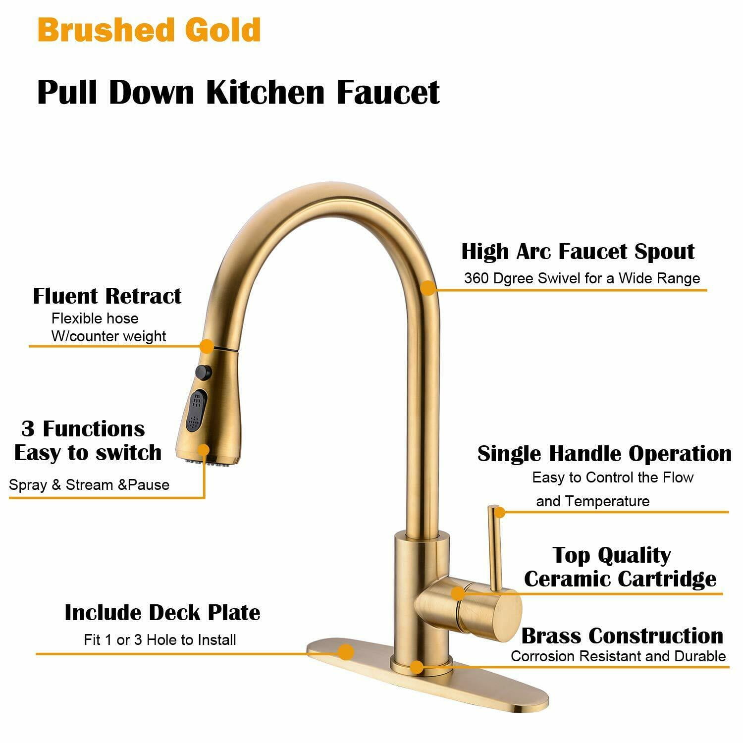 Brushed Gold Kitchen Sink Faucet Pull Down Mixer with Cover