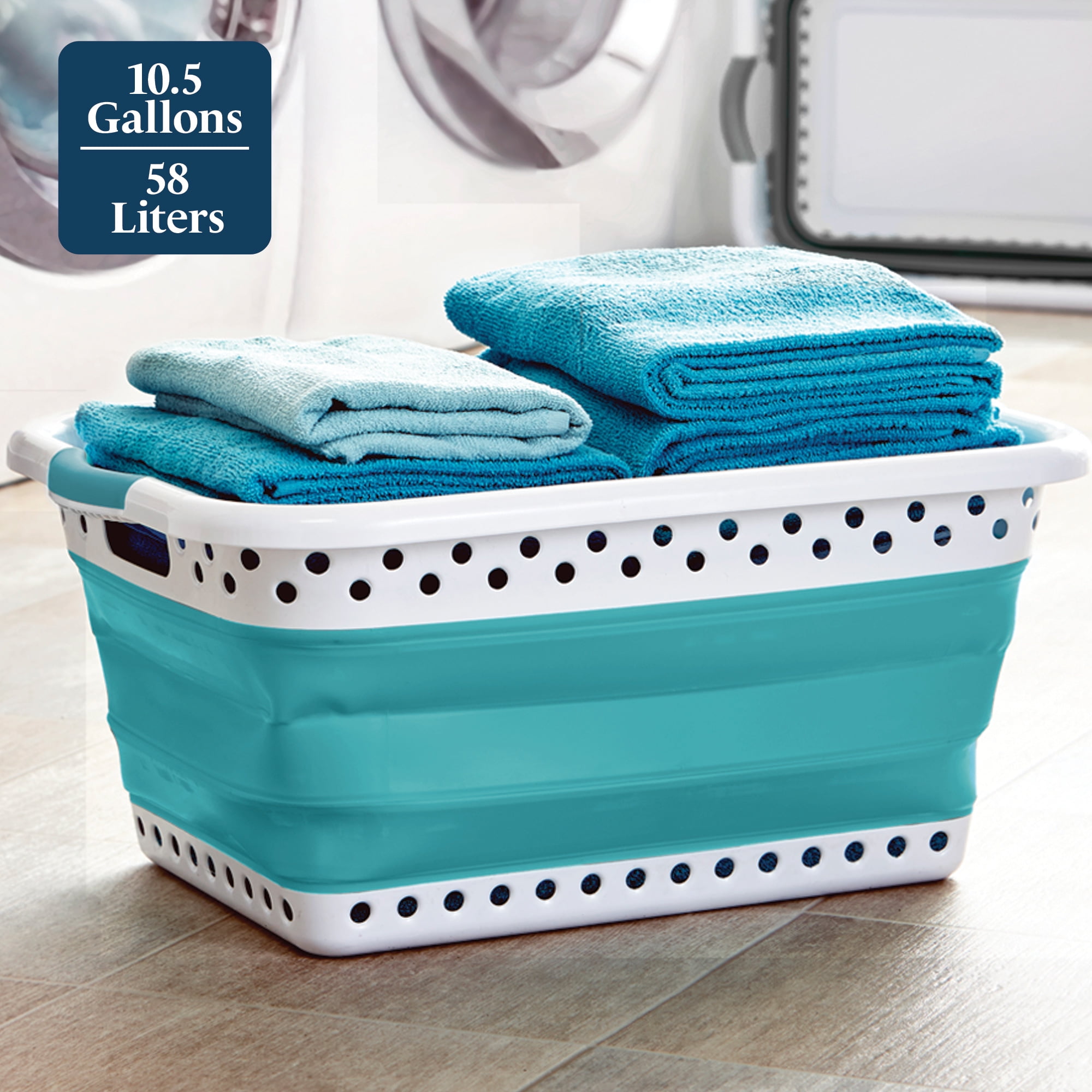 Blue Door Collapsible Laundry Basket Portable Pop Up Plastic Laundry Hamper with Dual Grip, 10.5-Gallon Teal