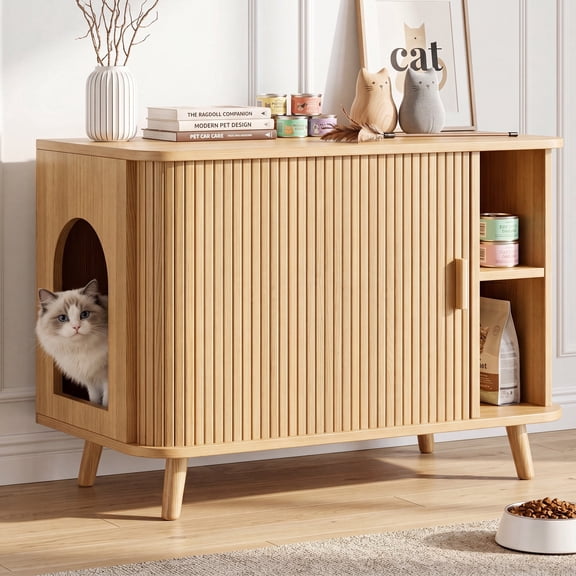 Cat Litter Box Enclosure with Sliding Doors, Wooden Cat Furniture Cabinet with 2 Storage Shelves & Top Table, Kitty-Friendly Round Entry, Hide Messy,Oak