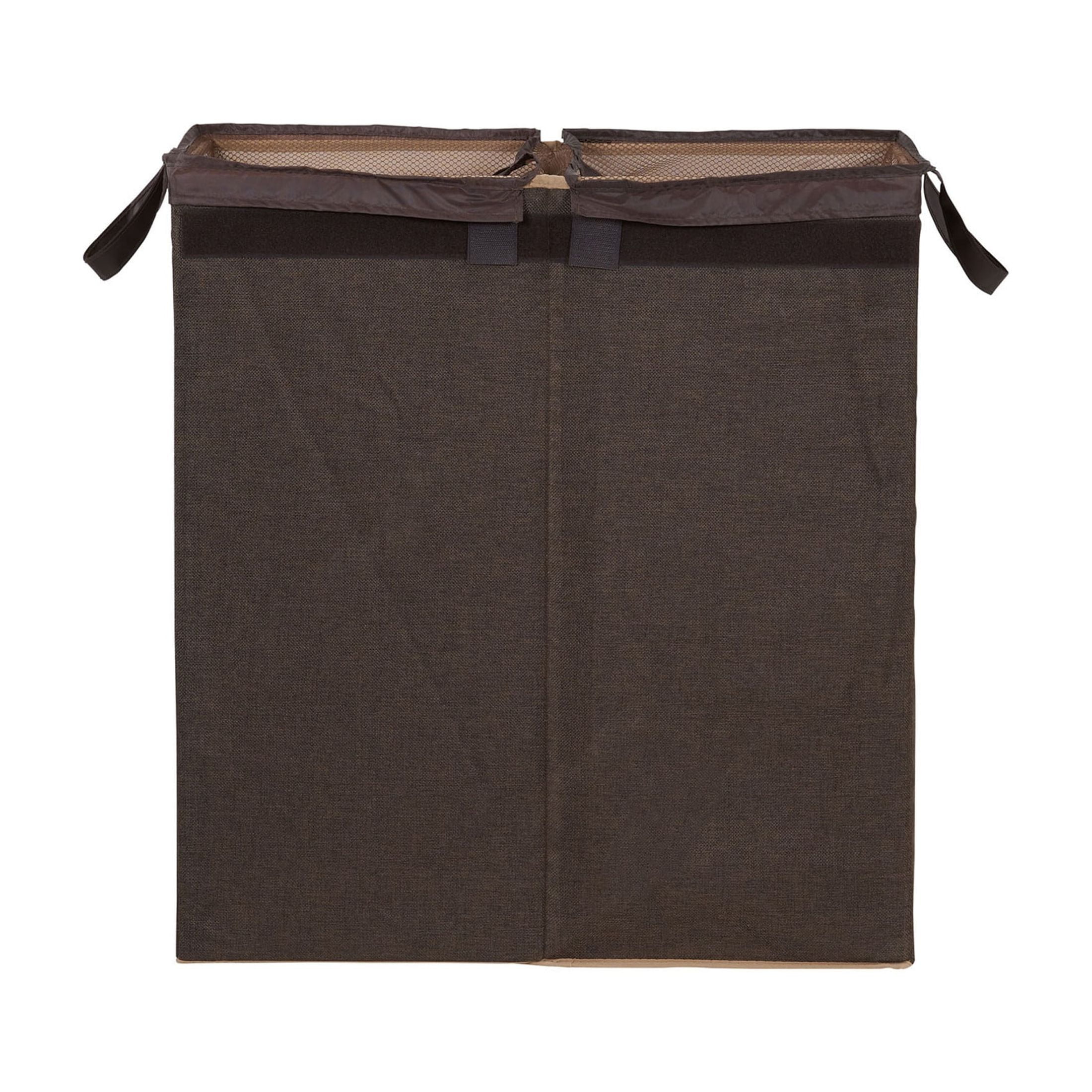 Household Essentials Double Laundry Hamper with Lid, Two Compartments for Easy Sorting with Removable Liner, Collapsible, Brown Linen 5614
