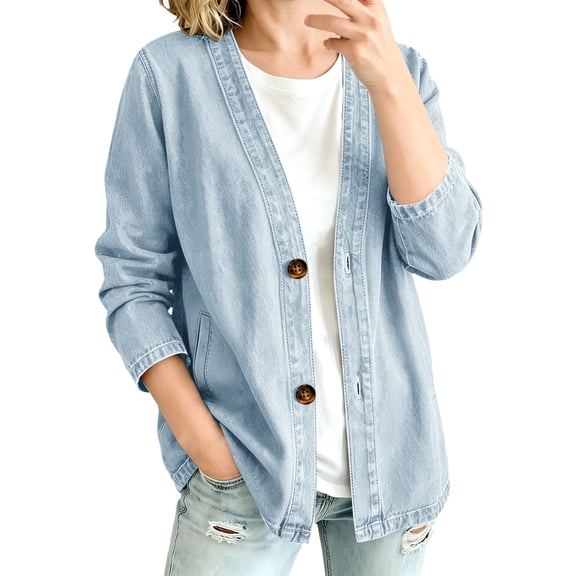 Lumtrix Denim Jacket for Women V-Neck Relaxed Classic Loose Fit Lightweight Vintage Fashion Button Down Jeans Cardigan Light Blue S