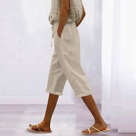 Pouno Women's Linen Capri Pants High Waist Drawstring Waistband Rolled Cuff Pants Casual Errands Soft Breathable Loose Straight Leg Pants Gift