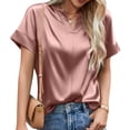 thumbnail image 2 of European Foreign Trade Womens 2023 Spring Summer Satin V Neck Short Sleeve Tee Blouse Plus Size Tops, 2 of 2