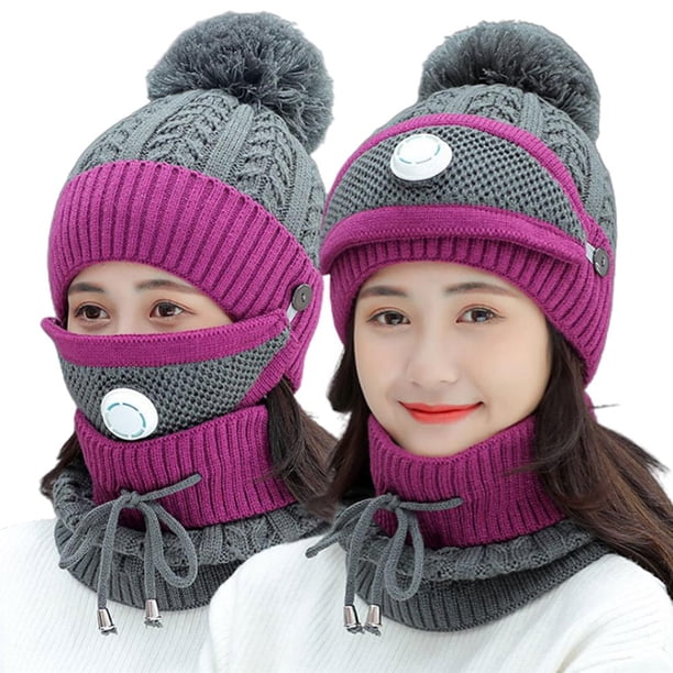 Gorro De Punto 3 En 1 Para Invierno, Conjunto De Bufanda Con Cubierta Para La Cara, Transpirable, A Prueba De Viento, Cálido, Forro Polar, Gorro Con Pompón Para Mujeres, Niñas, Ciclismo, Esquí Methold AP008077-05
