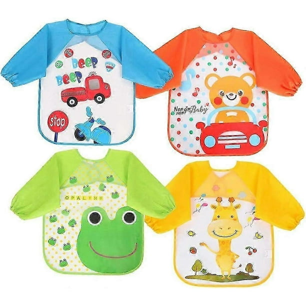 Bibs with Sleeves, 4 Pcs Waterproof Long Sleeve Bib Unisex Feeding Bibs Apron