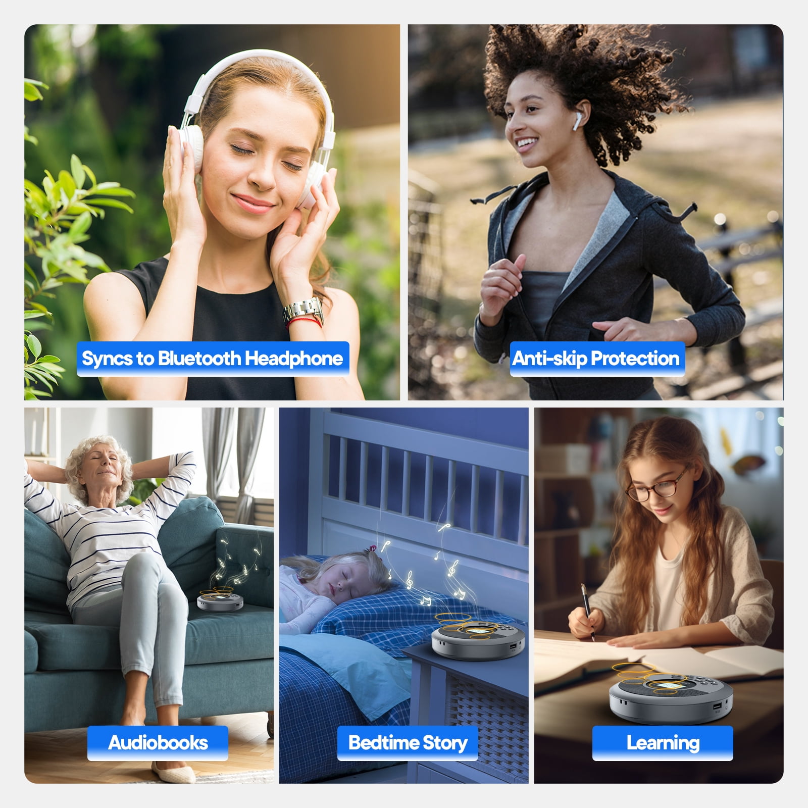 Portable CD Player Bluetooth:Rechargeable Walkman CD Player with Speakers and Headphones,Small CD Player for Car Plug in with Anti-Skip Protection,CD/USB/BT Playable.