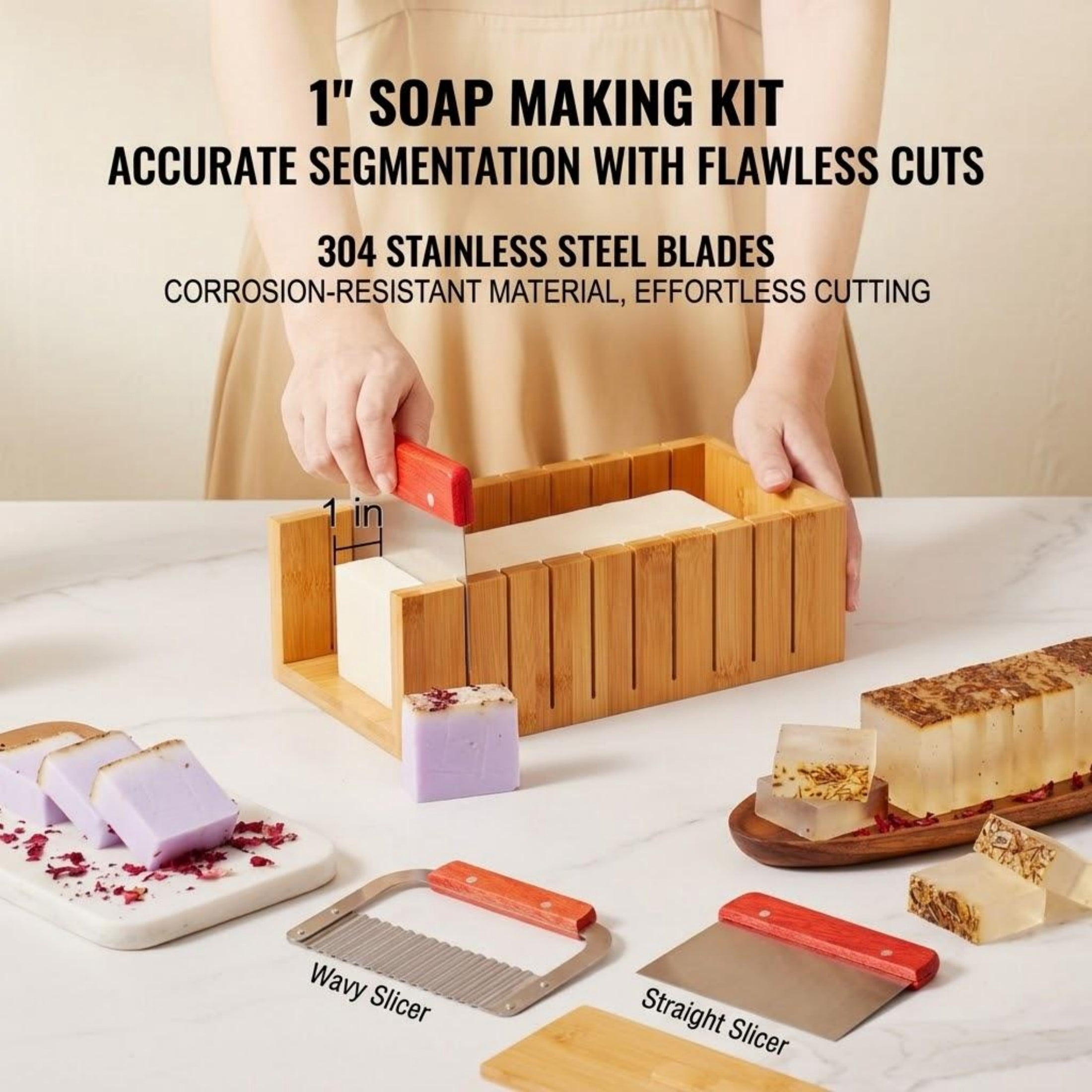 Soap Making Kit, Bamboo Cutting Box with Silicone Mold, Stainless Steel Straight & Wavy Cutters, 100 Bags & 105 Stickers, DIY Supplies for Adults