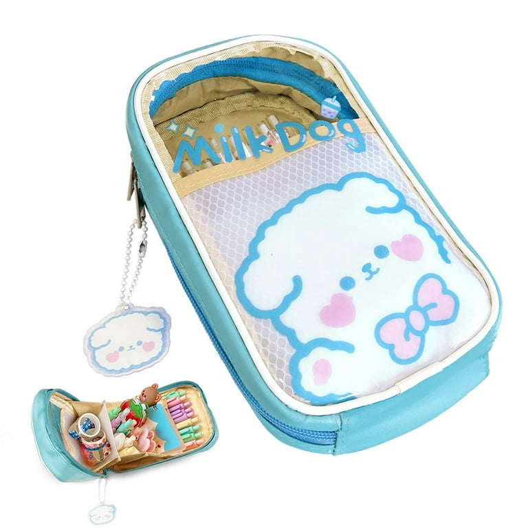 AONUOWE Kawaii Pencil Case Aesthetic Cute Clear Large Pencil Pouch School Supplies for Teen Girls (Blue Puppy)