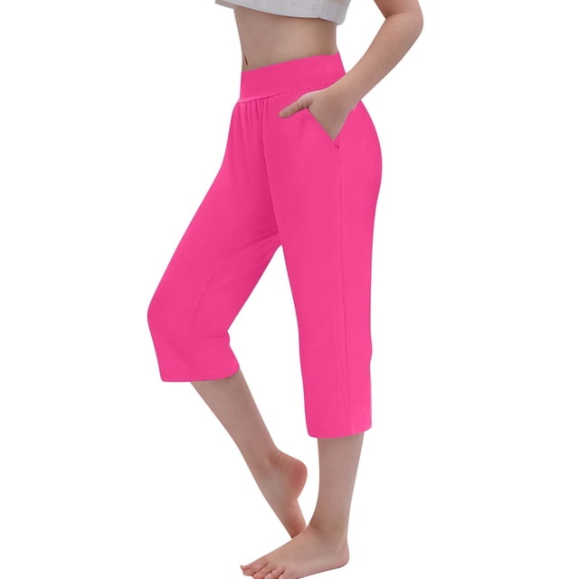 Girls Capri Yoga Pants Elastic High Waisted Athletic Jogger Pants Straight Leg Capris with Pockets