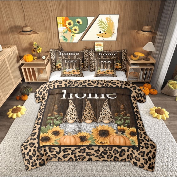 Manfei Kawaii Fall Gnome Bedding Comforter Set 7 Pieces, Brown Leopard Cheetah Print Full Bedding Set, Autumn Sunflower Fitted Sheet Flat Sheet, Microfiber Bedroom Decor