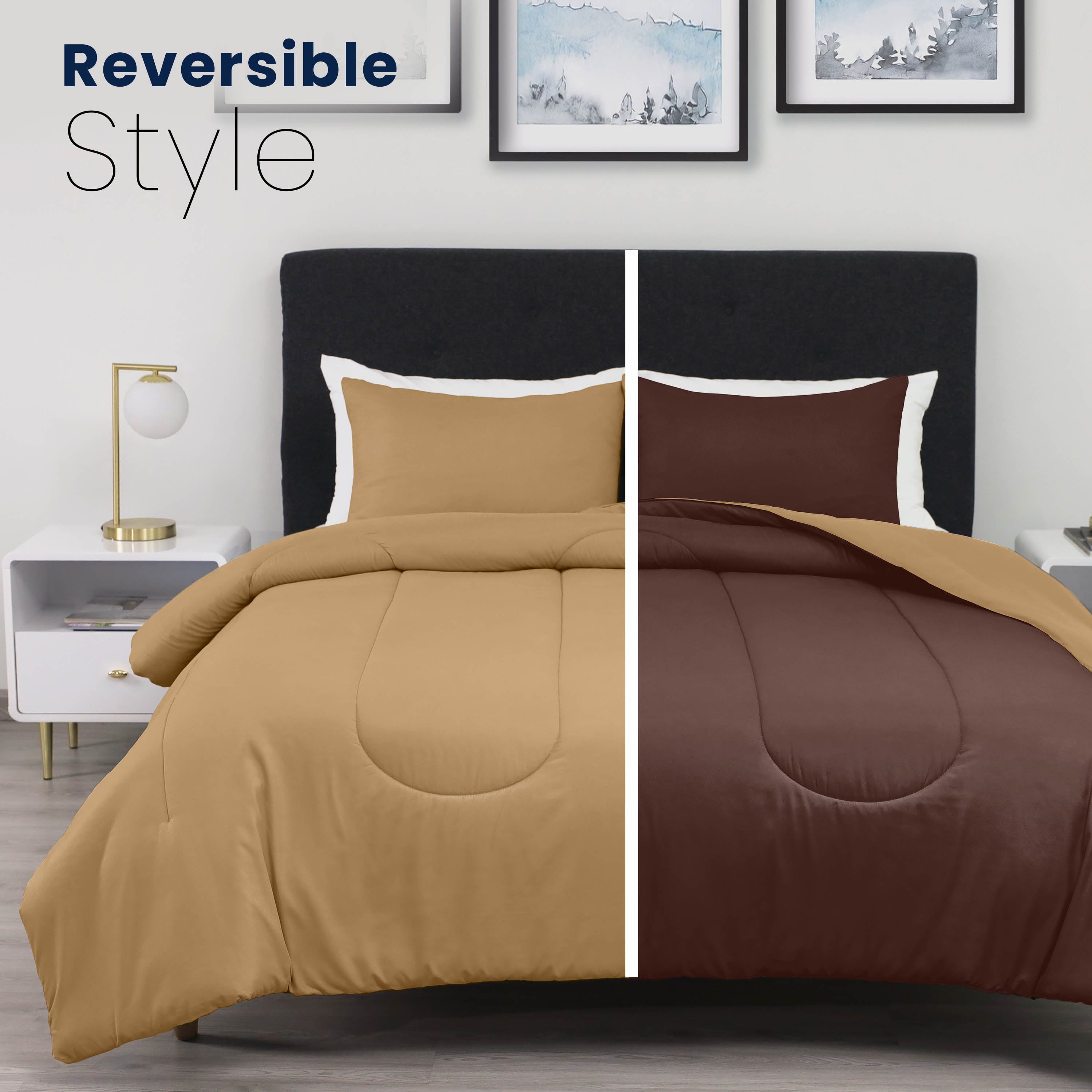 Martex 3-Piece King Reversible Comforter Set | Super Soft Lightweight | Khaki/Chocolate