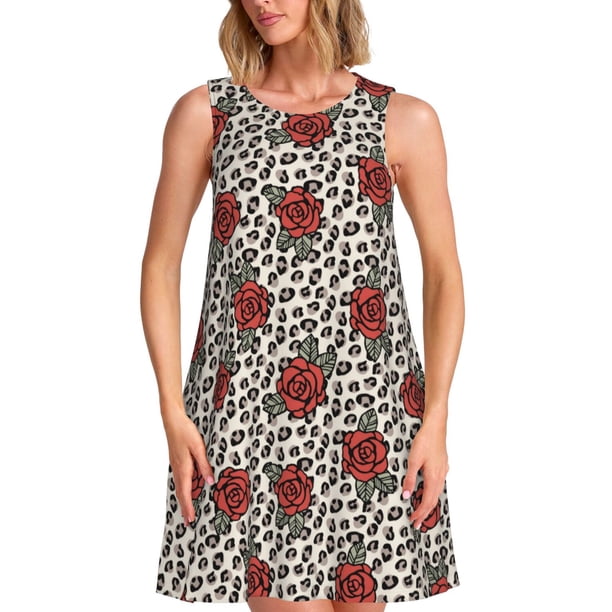 Fotbe Leopard Print Rose Vestido de Verano sin Mangas para Mujer – Vestido Midi Línea A, Estilo Camiseta Floral, Vestido Playero Casual y Fluido