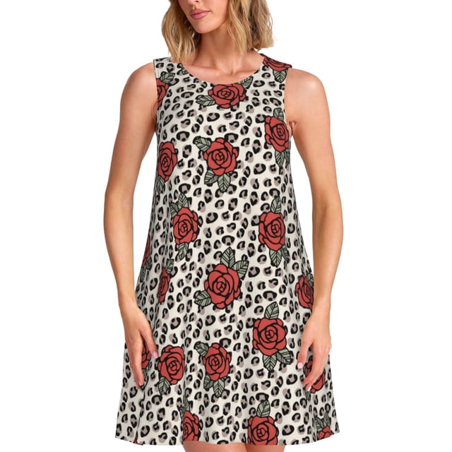 Balery Leopard Print Rose Vestidos de verano para mujer con estampado: vestido holgado sin mangas, vestido playero informal y cómodo para días calurosos.
