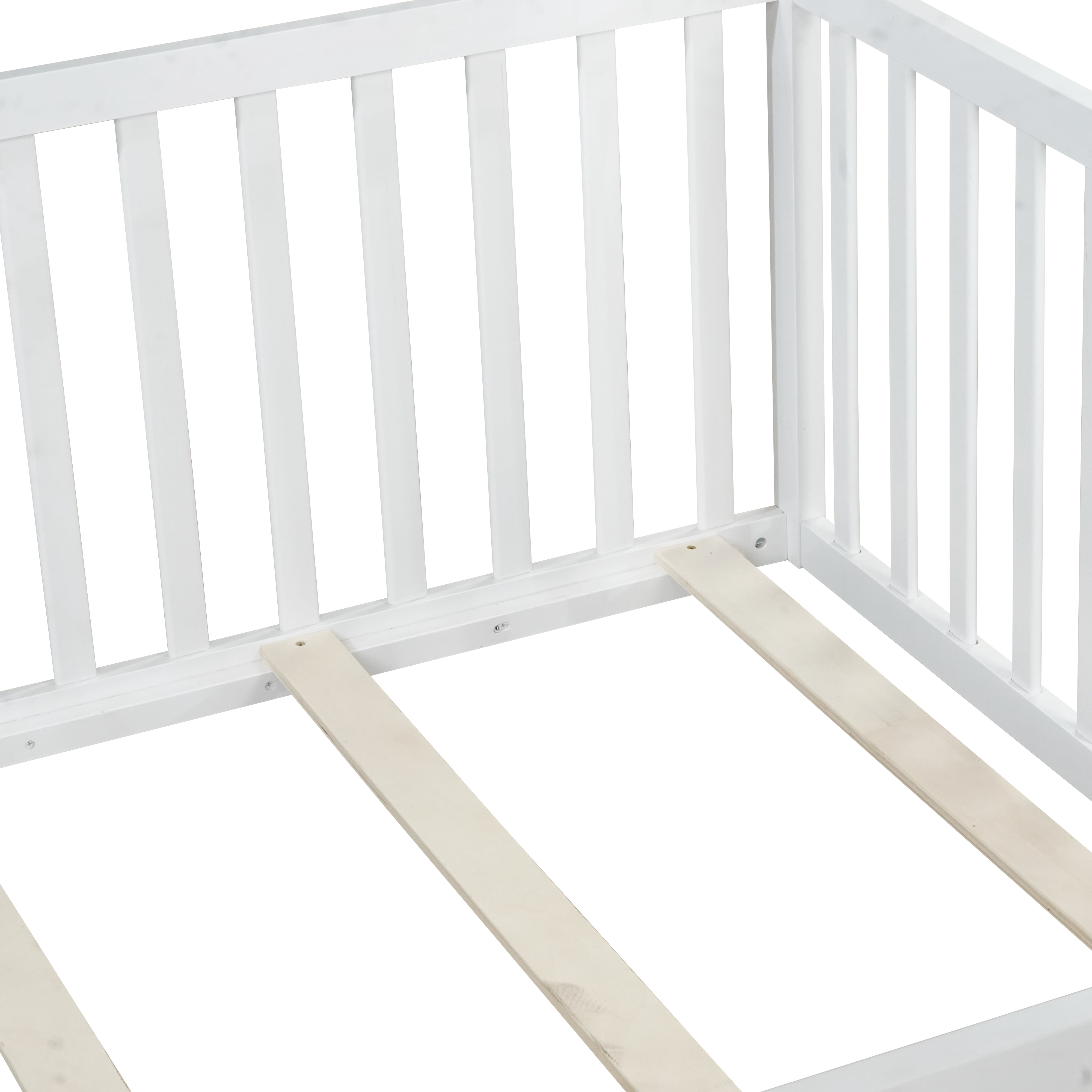 Holaki Wood Full Size Floor Bed with High Fence Railings for Kids, White