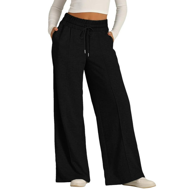 Womens Oversized Wide Leg Sweatpants - Elastic Drawstring, Low Waist - Polyester, Lightweight - Pockets, Ruffle Hem - Casual/Work/Yoga, All Seasons