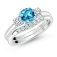 thumbnail image 2 of 10K White Gold Swiss Blue Topaz White Moissanite and Lab Grown Diamond 3 Stone Bridal Engagement Wedding Ring Set for Women (0.99 Cttw, 5MM and 3MM Cushion Cut, Available in Size 5, 6, 7, 8, 9), 2 of 6