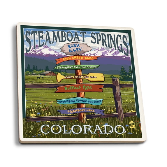 Steamboat Springs, Colorado, Destinations Sign (Absorbent Ceramic Coasters Set of 4 Matching Images, Cork Back, Kitchen Table Decor)