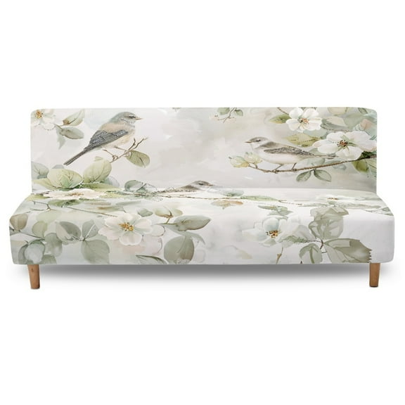 SCRAWLGOD Floral Robin Print White Non Slip Futon Cover, Armless Washable Couch Cover for Futon, Stretch Sofa Cover, Scratch Resistant Furniture Protector for Pets, Dog and Cat