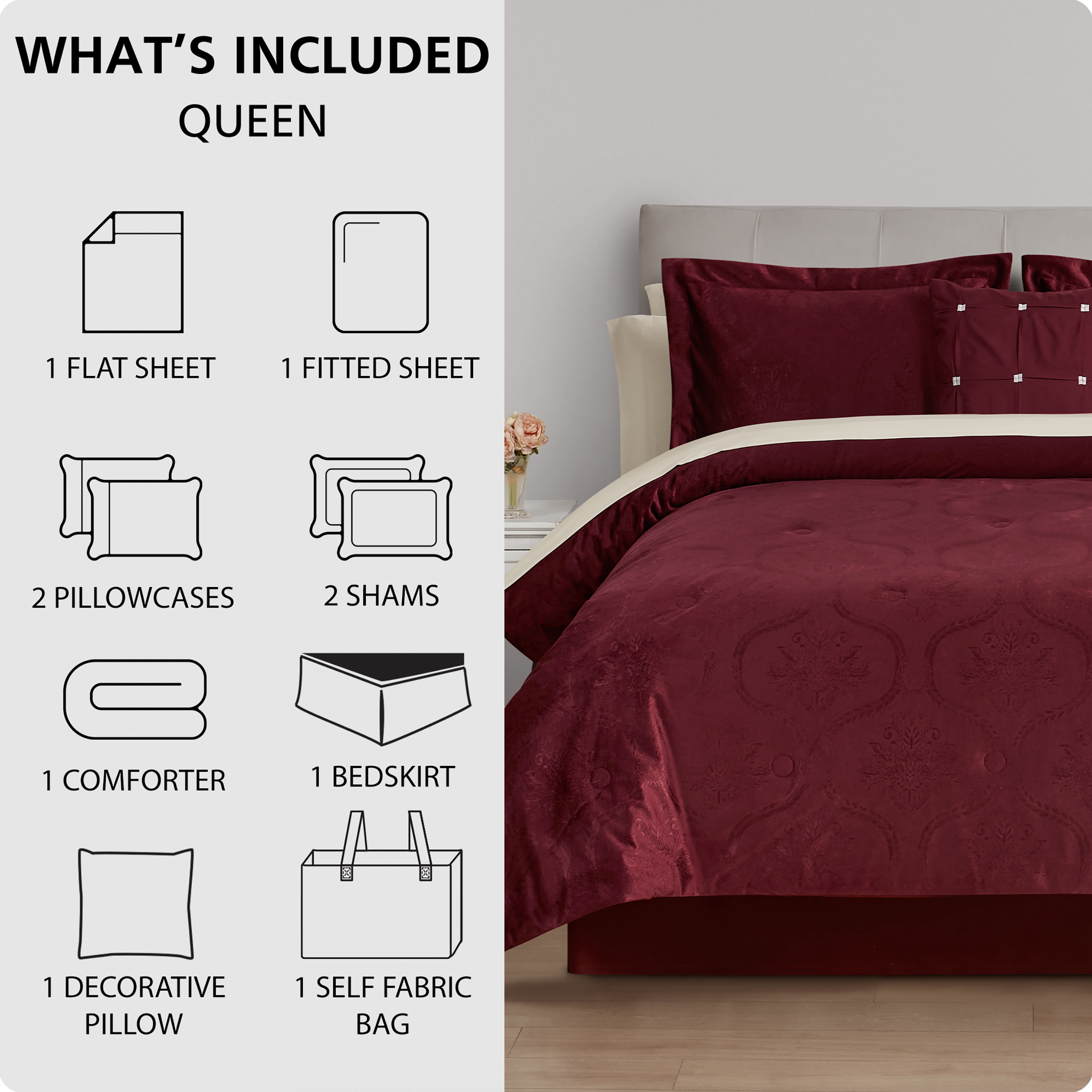 Mainstays All in One Reversible Comforter and Sheet set- 11 Piece, Queen, Red Velvet