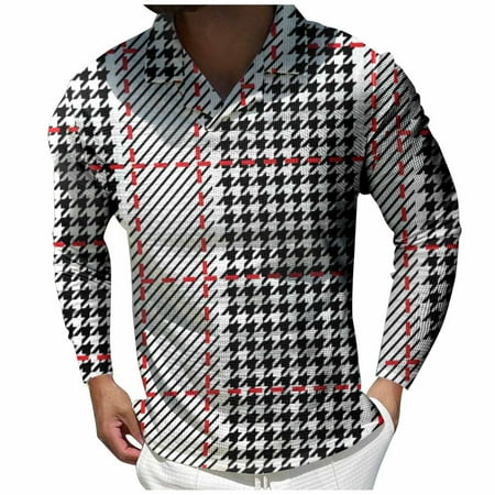 

Fsqjgq T Shirts for Men Pack Tall Male Casual Autumn Plaid Swallow Gird Print T Shirt Button Cuban Collar Long Sleeve Tops T Shirt Under Scrub Top Polyester Rayon Cotton Spandex Black Xxl