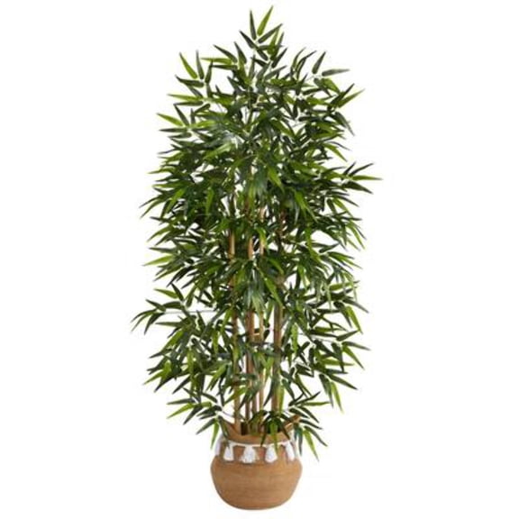 Nearly Natural 64in. Bamboo Artificial Tree with  Bamboo Trunks in Boho Chic Handmade  Cotton Woven Planter with Tassels