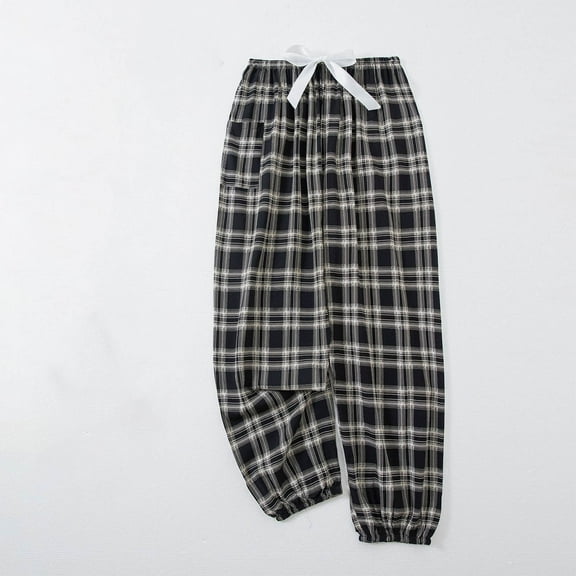 Qulqfy Black Women's Pants 2025 Lounge Pajama Flannel Plaid Wide Leg Comfy Drawstring Pants Joggers for Women Free Size