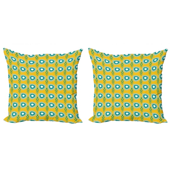 Abstract Throw Pillow Cushion Cover Pack of 2, Trippy Oval Geometric Forms with Grunge Lines Raindrops Doodle Art, Zippered Double-Side Digital Print, 4 Sizes, Almond Green Yellow Teal, by Ambesonne