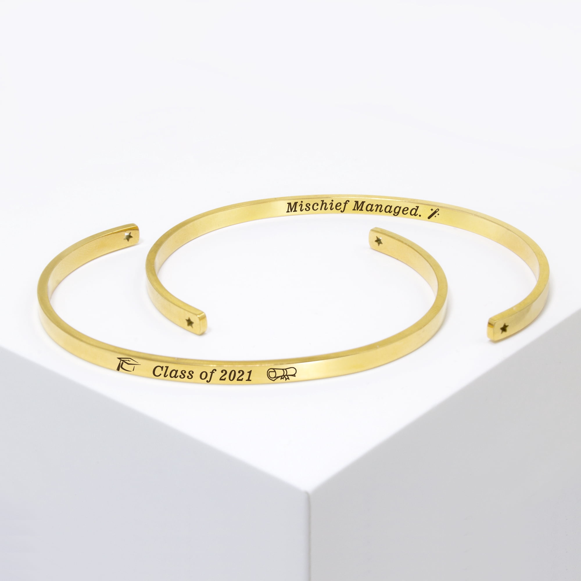 "Mischief Managed" Gold Stainless Steel Graduation Theme Hidden Message Gift for Her Cuff Bracelet with Gift Set