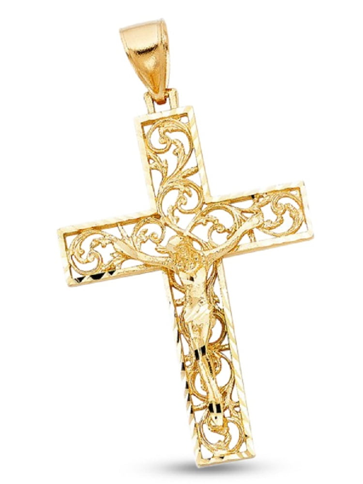 14k Solid Gold Diamond-cut Filigree Cross Pendant Charm