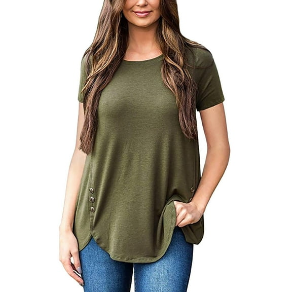 2025 T Shirts for Women Short Sleeve Crewneck Loose Summer Tees Basic Tops Casual Button Pullover Tops