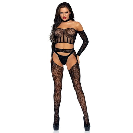 

Leg Avenue 3 Piece Long Sleeve Lace Halter and Suspender Hose Set Sexy Lace Lingerie Set For Women