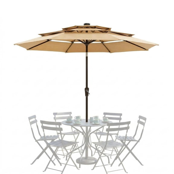 Khaki 10FT 24 LED Solar Powered Outdoor Patio Umbrella
