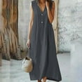 thumbnail image 2 of SMihono Women Summer Cotton Linen Sleeveless Long Dress Casual Button V Neck Beach Flowy Swing Loose Shift Sun Maxi Dresses Dark Gray S, 2 of 7